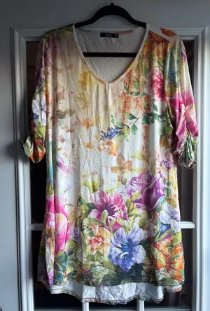 Lily Floral V-Neck Tunic in Cream, Pink, Purple and Green thumbnail 1