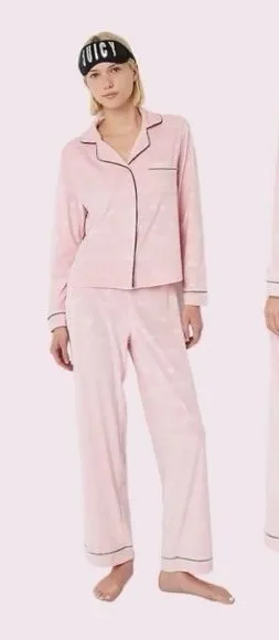 Juicy Couture Pajama Set Large Pink Velour Long Sleeve Notch Collar Top & Pants thumbnail 1