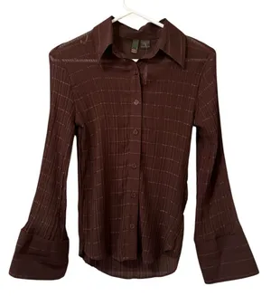 Serenade Women Size Small Button Down Shirt Crinkle Stretch Brown Office Chic thumbnail 1