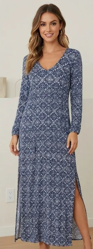 Lulus Maxi Dress Women Small Blue Tile Print Long Sleeve V-Neck Side Slit R64395 thumbnail 1