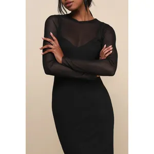 Lulus Perfect Plans Black Sheer Mesh Long Sleeve Midi Dress Party Cocktail S NWT thumbnail 4