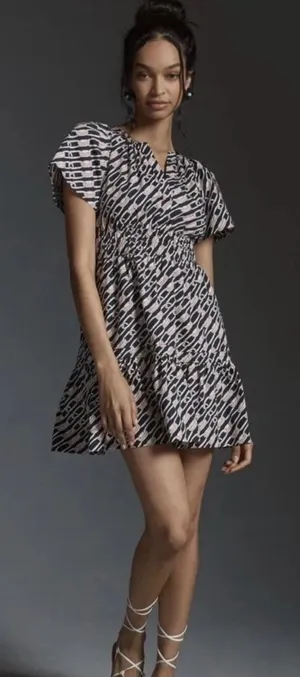 Anthropologie Somerset Cotton Smocked Waist Mini Dress Navy Link Pattern Large thumbnail 1