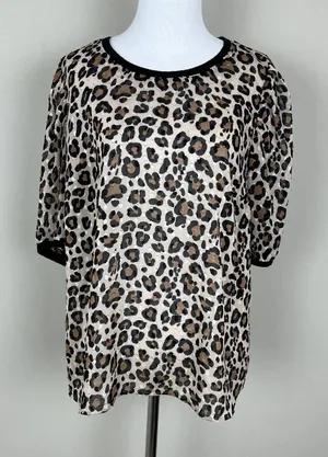 A New Day Top Womens Large Leopard Animal Print‎ Short Sleeve Sheer Blouse L thumbnail 1