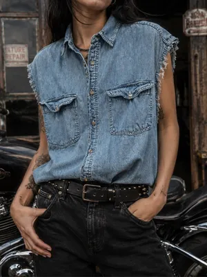 Aeropostale 100% Cotton Boxy Oversized Denim Button Cut Off Shirt Size XL thumbnail 1