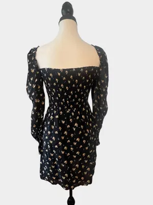 Maje Rithik Black Camel Floral Smocked Mini Dress Size 36 US 4 Small thumbnail 6