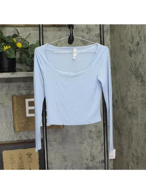 NWT Auden Womens Variegated Ribbed Long Sleeve Pajama Top 94645637 Light Blue S thumbnail 2