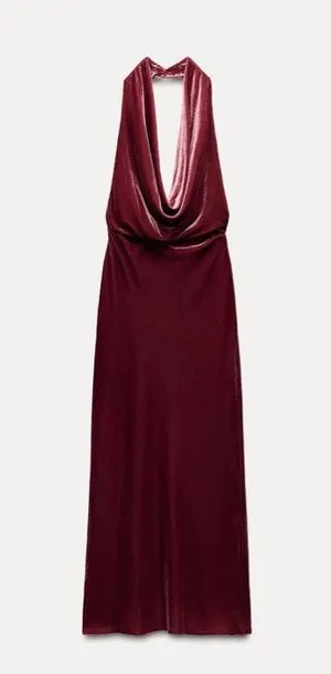 Zara maxi holiday dress velour Velvet Halter in Burgundy wedding party evening thumbnail 15