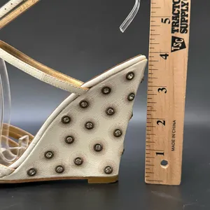 ESCADA Ivory White Leather Crystal Studded T-Strap Wedge Sandals Size 37 1/2 thumbnail 7