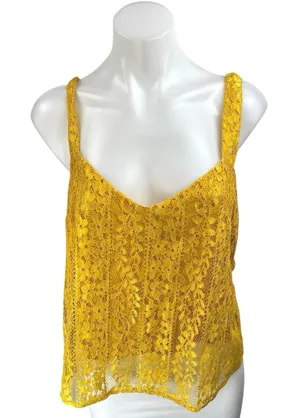 Lush Yellow Floral Lace Sleeveless V-neck Cami Camisole Tie Strap Tank Top Sz L thumbnail 1