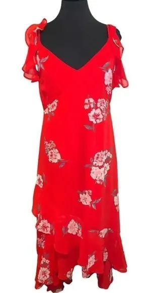 Speechless Red Floral A-Line V-Neck Short Sleeve Flutter Hem Midi Dress Size L thumbnail 1