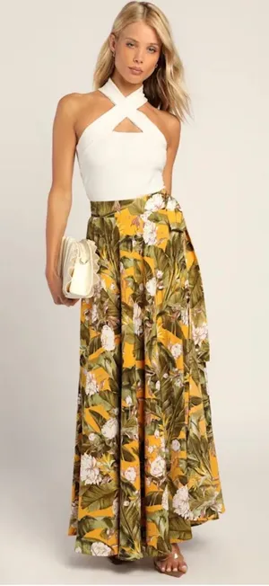 Lulus NWT Away 2 the Islands S Marigold Tropical Wrap Maxi Skirt Resort Vacation thumbnail 1
