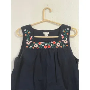 J CREW | navy blue embroidered midi sleeveless shift dress M linen blend thumbnail 2