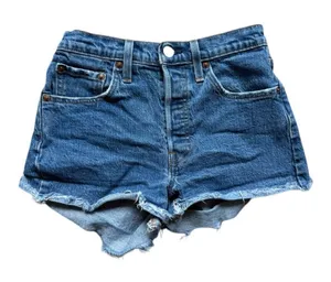 Womens Levis Strauss 501 Original Fit High Rise Raw Hem Jean Shorts - Sz 25 thumbnail 1