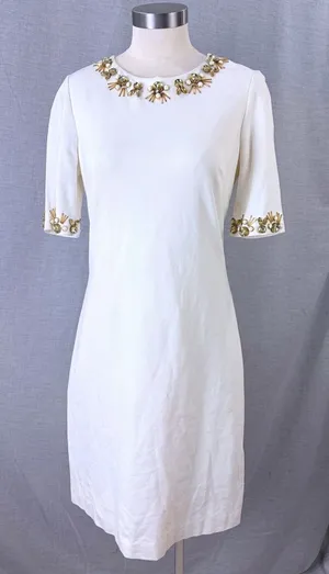 Eliza J‎ Ivory Jewel Embellished Shift Dress Gold Beaded Neckline Size 8 thumbnail 1