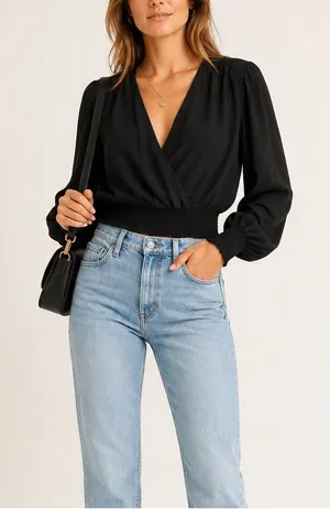 Aritzia Wilfred Black Flowy Deep V Smocked Waist Long Sleeve Blouse M thumbnail 1