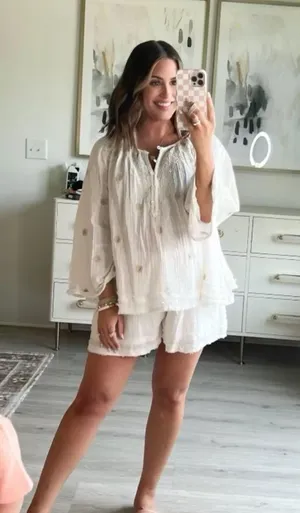 Free People NWT $168 Ivory Aldous Embroidered Button Front Raw Seaming Set S thumbnail 2