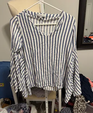 Striped V-Neck Bell Sleeve Tunic — Blue & White thumbnail 1
