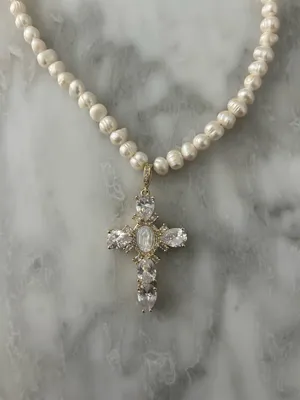 Vida Kush Virgin Mary Cross Pearl Necklace thumbnail 2