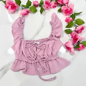 Y2K Lavender Bow Tie-Front Sz Small Feminine Ruffled Coquette Babydoll Crop Top thumbnail 2