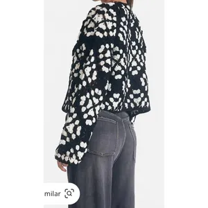 Elan Kylee Macrame Crochet Cropped Cardigan in Black/White, S thumbnail 3