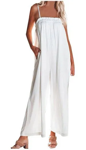 Walmart Summer Solid Casual White Camis Sleeveless Suspender Jumpsuit thumbnail 1