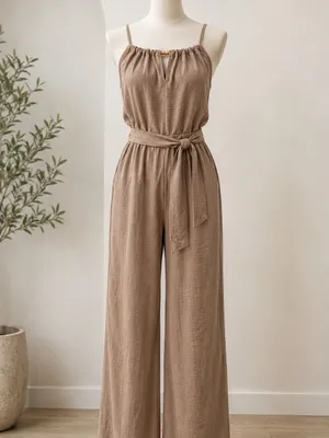 Tan Women's Jumpsuit with Tie Waist thumbnail 1