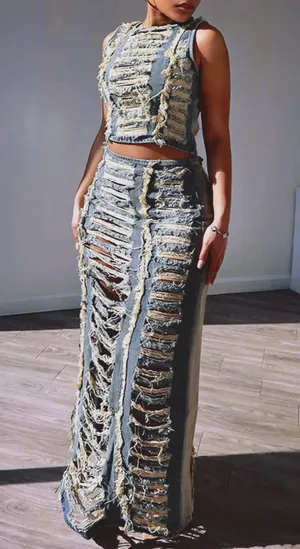 Fashionable Denim Ripped Vest Slit Skirt Two-Piece Set thumbnail 1
