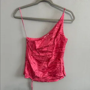 Crescent Womens Tank Top Pink Asymmetrical Ruched Satin Camisole XS thumbnail 2