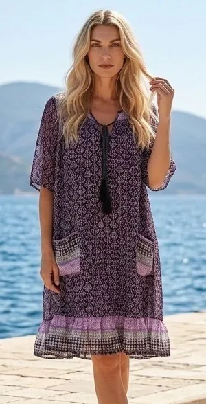 World Market Purple Boho Geometric Shift Dress S/M Pocketed Dark Fairy Whimsy thumbnail 1