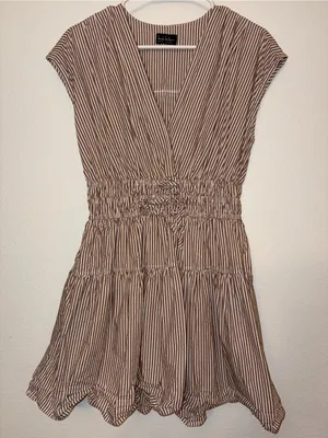 Nicole Miller Brown White Striped V-Neck Tiered Romper Dress Cap Sleeve Smocked thumbnail 1