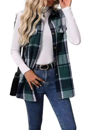 Cute Duck Women's Green Plaid Sleeveless Long Vest Jacket XL thumbnail 1