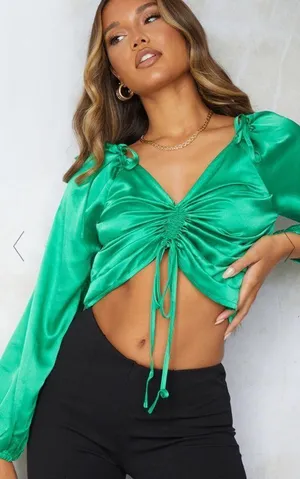 Pretty Little Thing Green Satin Ruched Blouse thumbnail 1