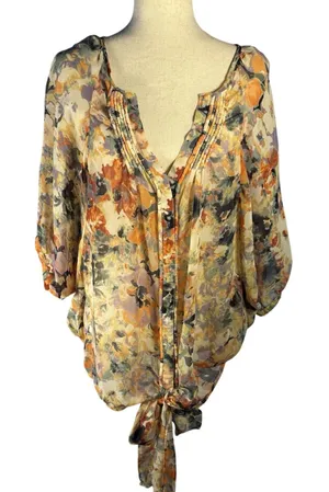 Jeans by Buffalo Floral Tie-Hem Blouse in Yellow, Orange and Green thumbnail 1