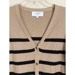 La Ligne Cardigan Women Size S Tan Black Striped Linen Cropped V-Neck thumbnail 3
