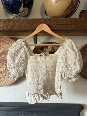 Smocked English Factory top with puff sleeves, neutral cream cottage small thumbnail 4
