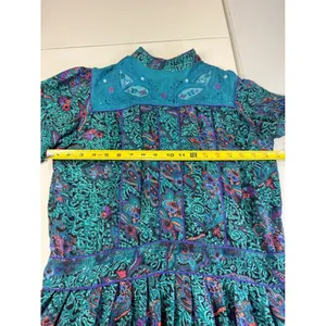 Vintage Phool Paisley Midi‎ Dress Teal Purple Mock Neck Short Sleeve India M thumbnail 5