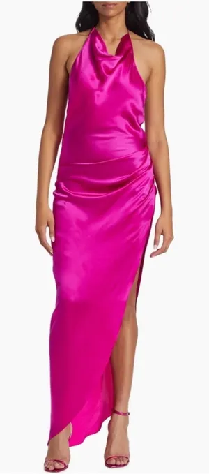 NWT Amanda Uprichard Elektra Silk Halter Gown Hot Pink Asymmetrical XS $343‎ thumbnail 1
