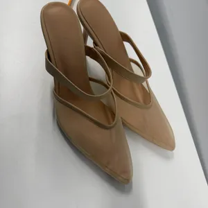 Nude Mesh Pointed Toe Mules Double Strap Stiletto Heels Beige Size 8.5 Tan thumbnail 9