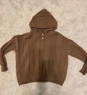 Women’s Brown Knit Hooded Zip-Up Sweater with Button Henley thumbnail 1