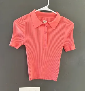 Aerie Women Coral Pink Ribbed Knit Short Sleeve Polo‎ Sweater Size Medium Preppy thumbnail 1