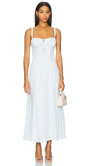 SNDYS Alessia Drop Waist Midi Dress Baby Blue Gathered Bust XS thumbnail 1