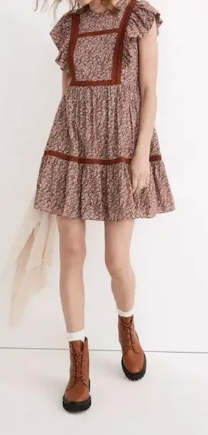 Madewell Floral Flutter Sleeve Mini Dress Women’s Medium Cottage Garden Brown thumbnail 1