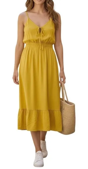 Jolie & Joy Midi Dress Womens 1X‎ Yellow Smocked Waist Ruffle Hem Boho Summer thumbnail 1