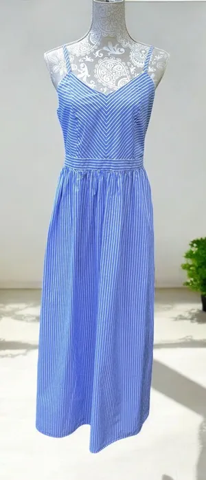 Loft Nautical Coastal Euro Summer Blue White Striped Sleeveless Maxi Dress Size M thumbnail 1