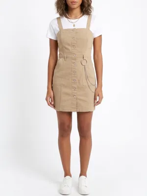 H&M Divided Tan Twill Button Front Pinafore Mini Dress Chain Grunge Y2K Size S thumbnail 5