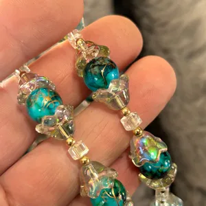 Handmade Handcrafted blue tone art glass bead faceted crystal agate necklace thumbnail 6