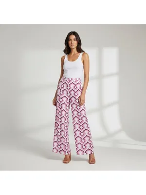 Rose + Olive Pink Geometric Wide Leg Flowy Palazzo Silky Pants L Coastal Resort thumbnail 2