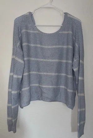 Hollister Sky Blue & White Striped Twist-Back Sweater Large thumbnail 1