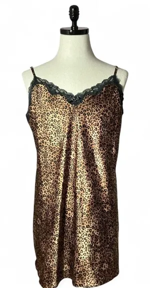 Morgan Taylor Leopard Print Slip Nightgown Cami Dress Black‎ Lace Trim Valentine thumbnail 1