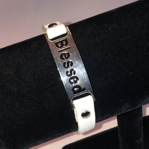 Blessed White Faux Leather and Silver Tone Bracelet thumbnail 3